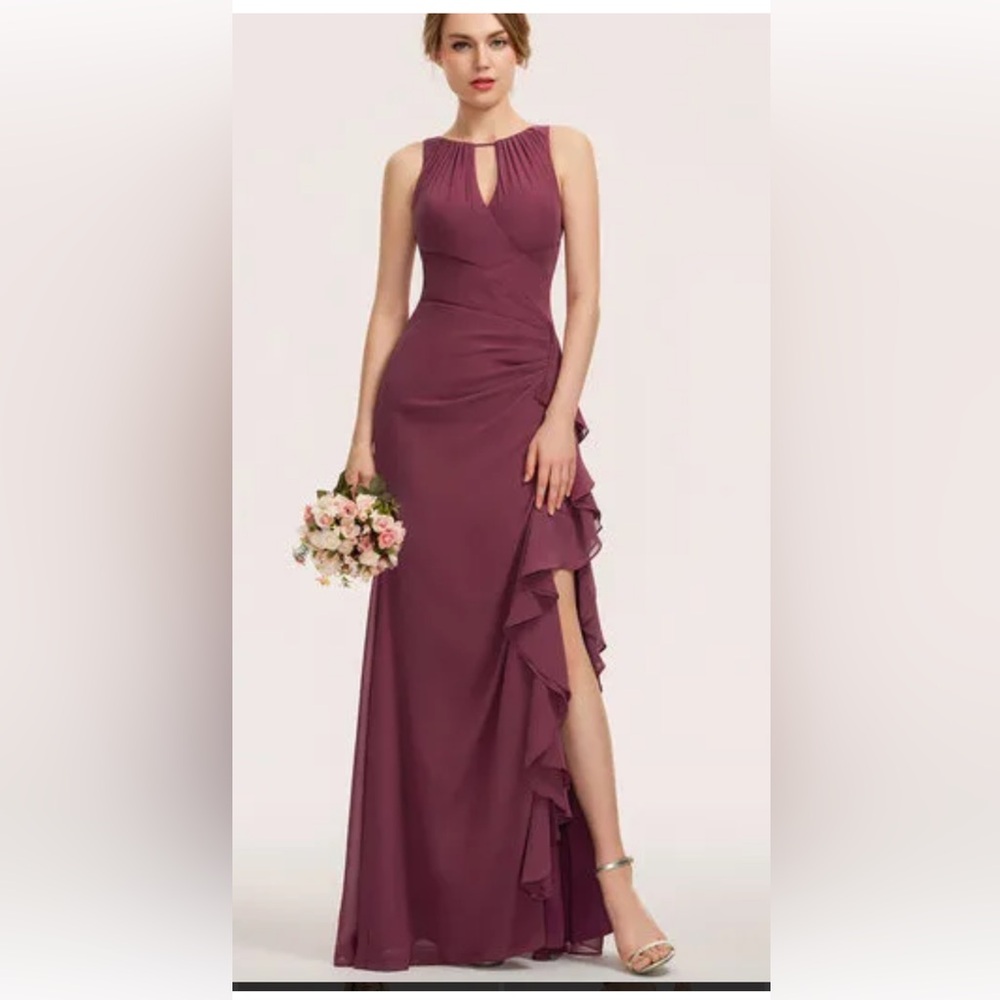 JJ’S House Shania burgundy long brides maid sleeveless dress ruffled split side